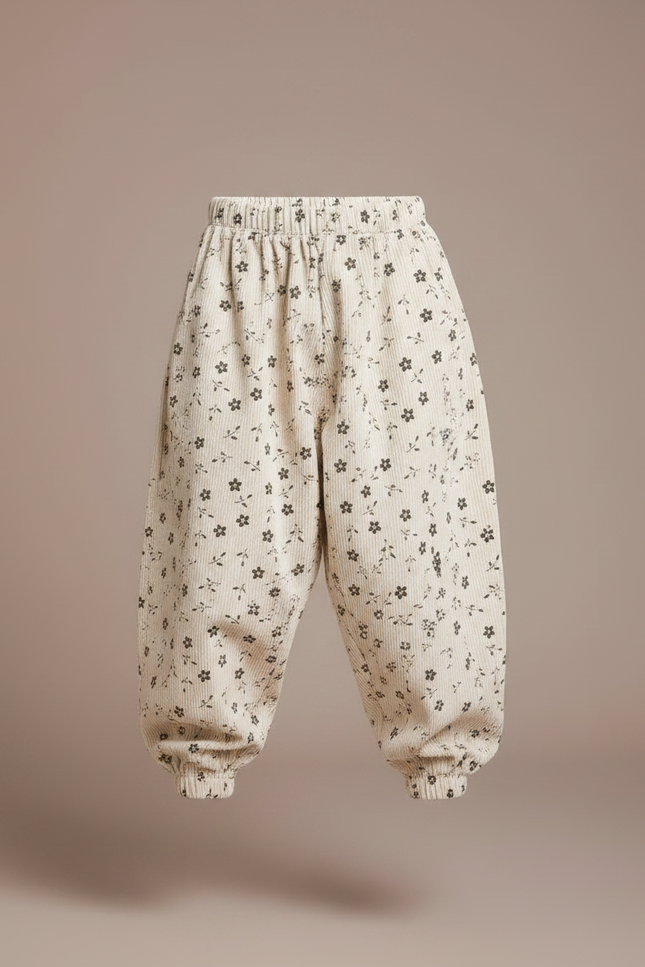 Pantalon Parachute Beige Côtelé Fleuri Ample Enfant - Cordé - vue 3