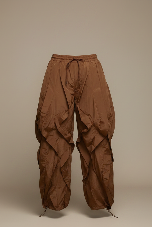 Pantalon Parachute Marron Fluide Ample Froncé Cordon - Polyester - vue 3
