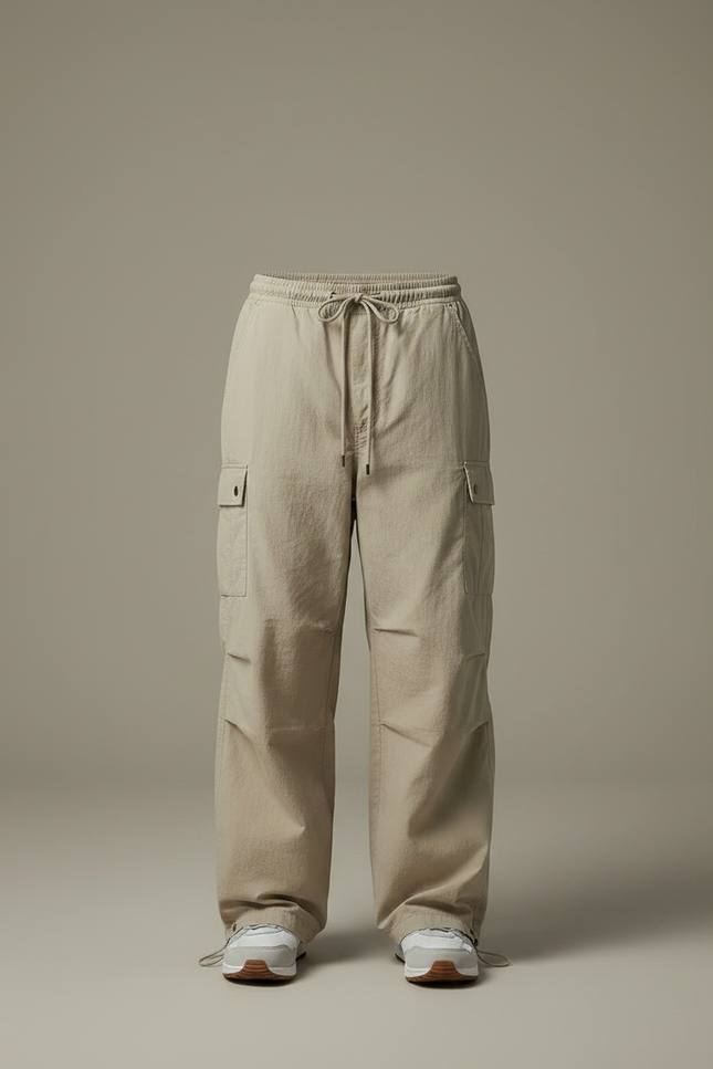 Pantalon Parachute Beige Ample Cargo Décontracté Coton Homme - vue 3