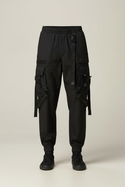 Pantalon Parachute Noir Cargo Ample Techwear Multipoches Homme - Polyester - vue 3