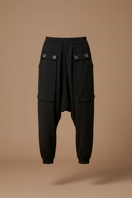 Pantalon Parachute Noir Fluide Ample Décontracté Oeillets - Polyester - vue 3