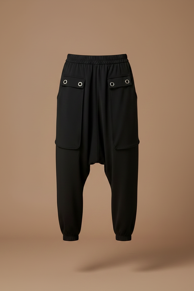 Pantalon Parachute Noir Fluide Ample Décontracté Oeillets - Polyester - vue 3