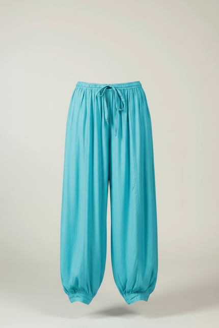 Pantalon Parachute Turquoise Fluide Ample Cordon Plissé - Bleu Viscose - vue 3