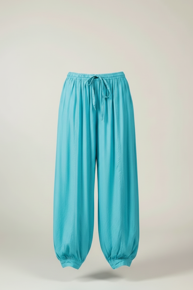 Pantalon Parachute Turquoise Fluide Ample Cordon Plissé - Bleu Viscose - vue 3