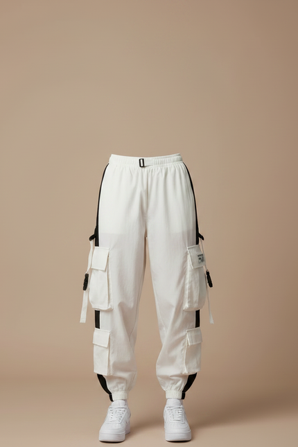 Pantalon Parachute Blanc Cargo Ample Bicolore Femme - Polyester - vue 3