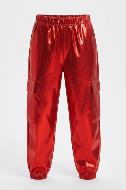 Pantalon Parachute Rouge Métallisé Cargo Brillant Enfant - Polyester - vue 3