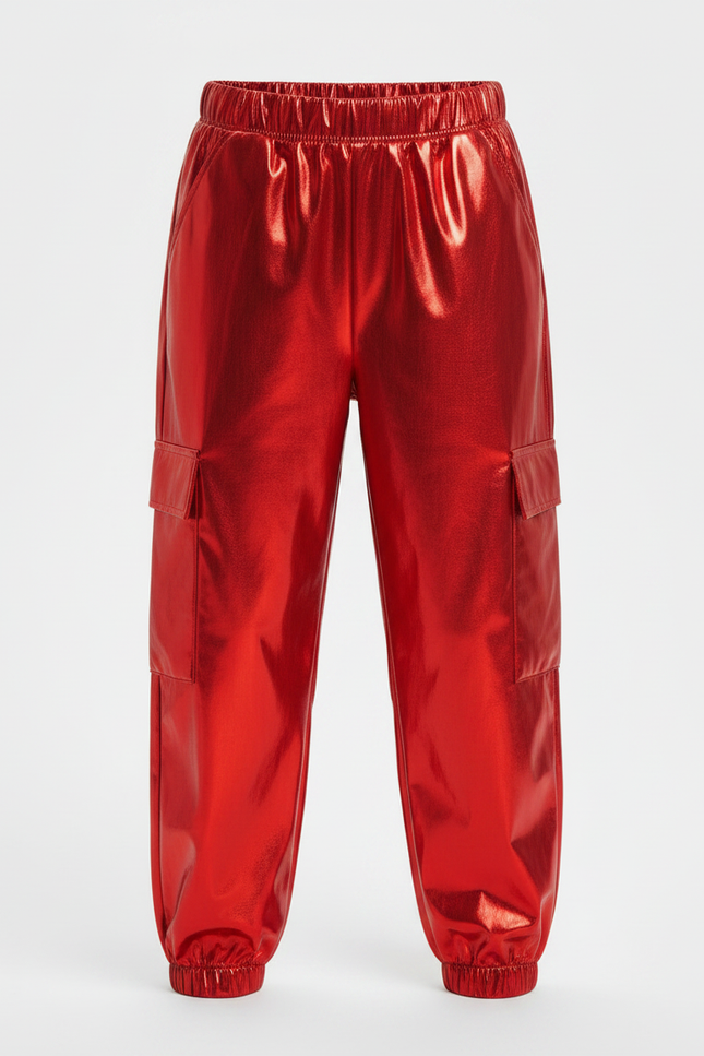 Pantalon Parachute Rouge Métallisé Cargo Brillant Enfant - Polyester - vue 3