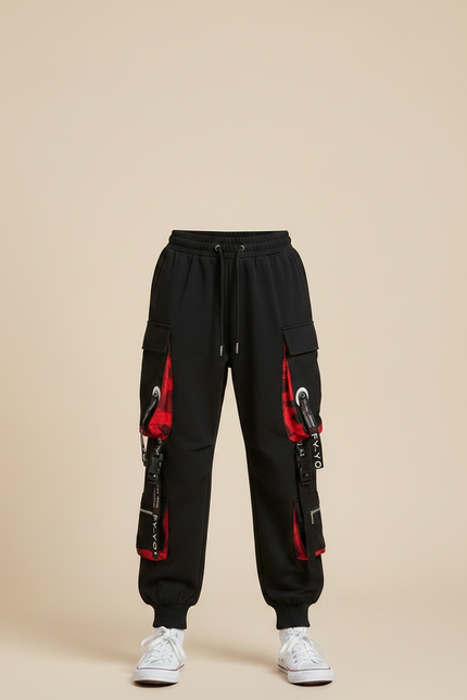Pantalon Parachute Noir Cargo Ample Rouge Streetwear - Molleton - vue 3
