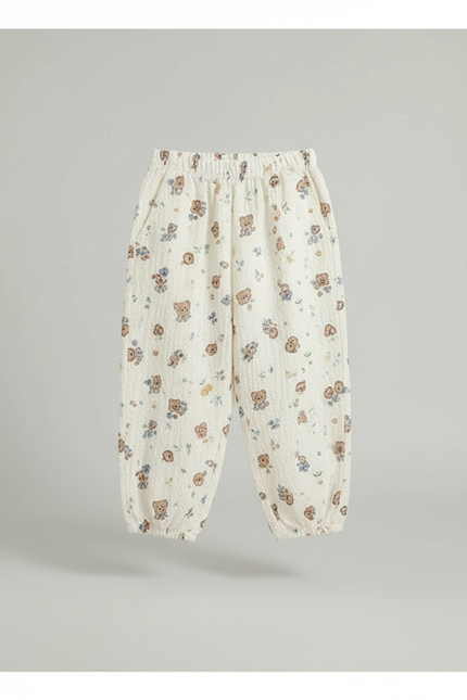 Pantalon Parachute Crème Ample Imprimé Ours Enfant - Beige Coton - vue 2