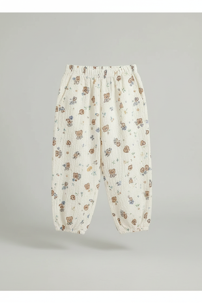 Pantalon Parachute Crème Ample Imprimé Ours Enfant - Beige Coton - vue 2