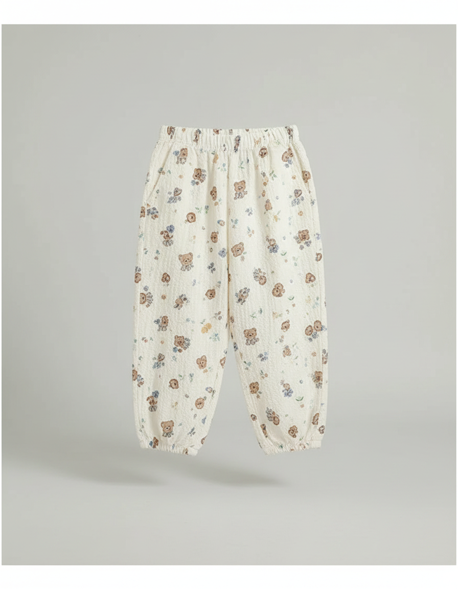Pantalon Parachute Crème Ample Imprimé Ours Enfant - Beige Coton - vue 2