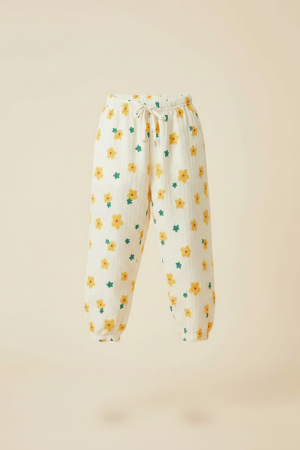 Pantalon Parachute Crème Fleuri Ample Léger Enfant - Beige Coton - vue 3