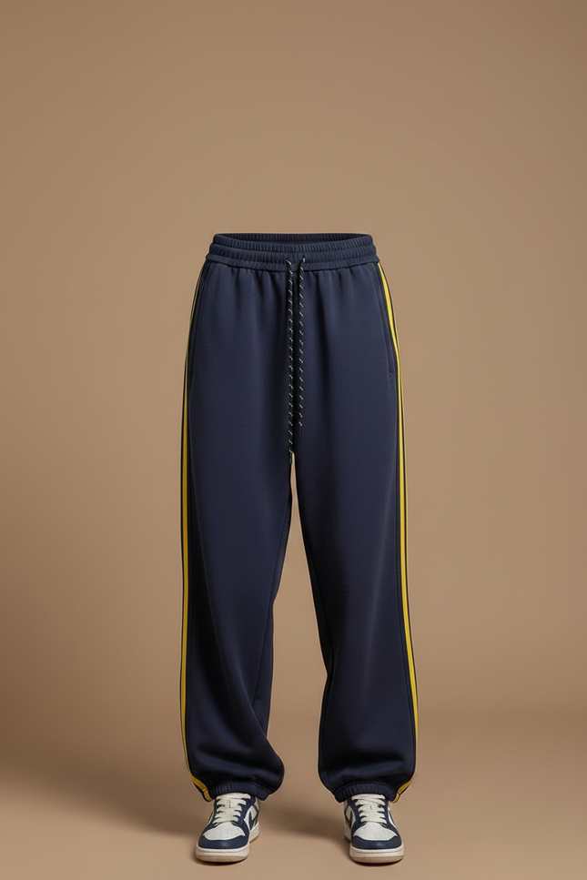 Pantalon Parachute Bleu Marine Rayures Jaunes Ample Sportif - Molleton - vue 3