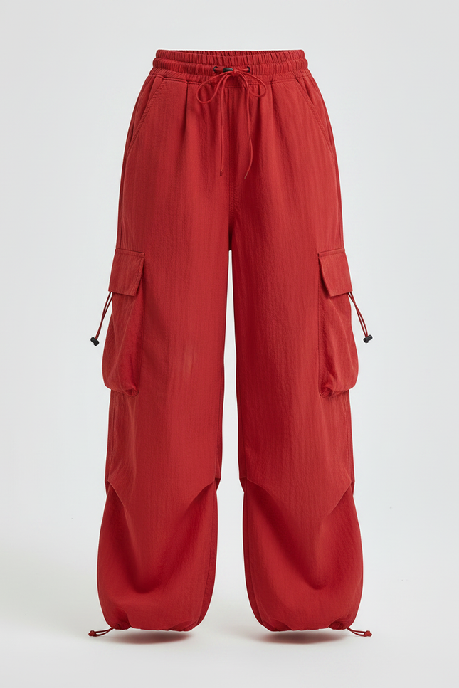 Pantalon Parachute Fille Baggy Nylon Streetwear - Rouge Polyester - vue 3