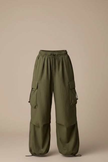 Pantalon Parachute Vert Ample Cargo Femme - Kaki Polyester - vue 3