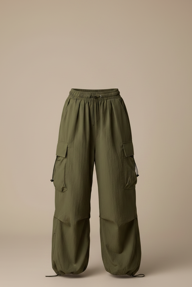Pantalon Parachute Vert Ample Cargo Femme - Kaki Polyester - vue 3