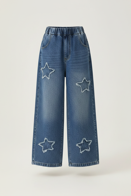 Pantalon Parachute Denim Étoiles Ample Fille - Bleu Jean - vue 3