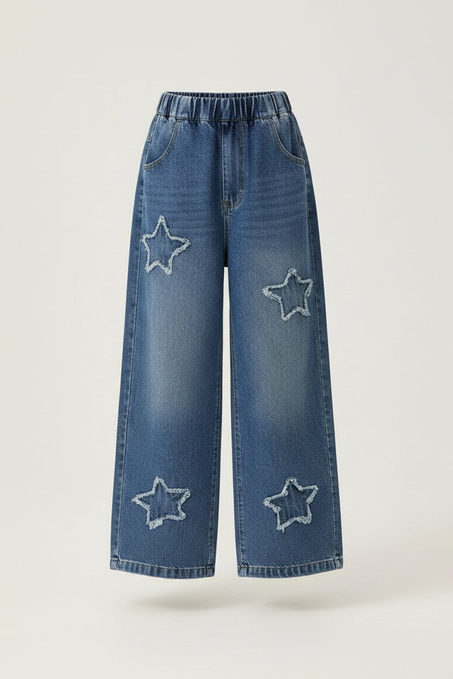 Pantalon Parachute Denim Étoiles Ample Fille - Bleu Jean - vue 3