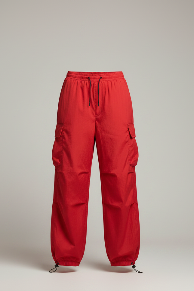 Pantalon Parachute Rouge Cargo Ample Femme Streetwear - Polyester - vue 3
