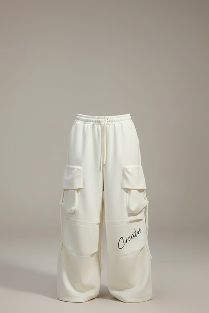 Pantalon Parachute Beige Cargo Ample Lettre Coton - Molleton - vue 3