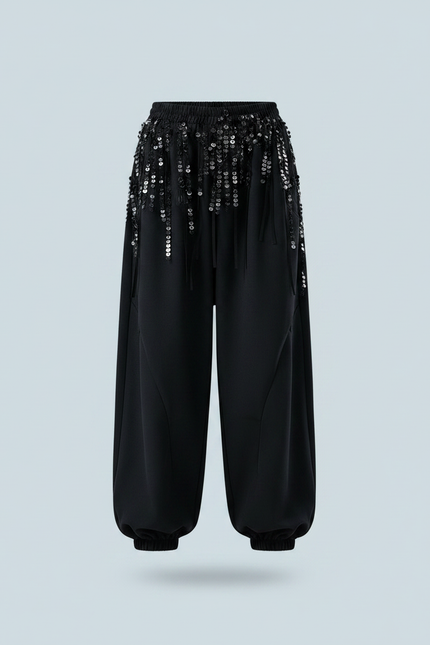 Pantalon Parachute Blanc Noir Paillettes Ample Fille - Polyester - vue 3
