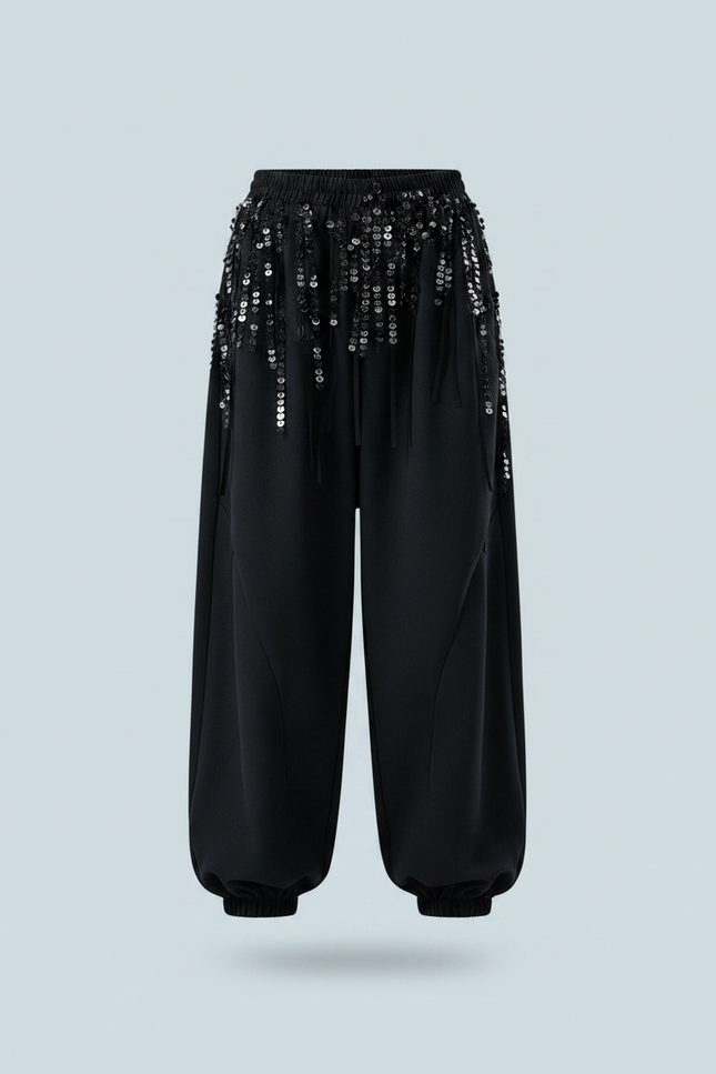 Pantalon Parachute Blanc Noir Paillettes Ample Fille - Polyester - vue 3