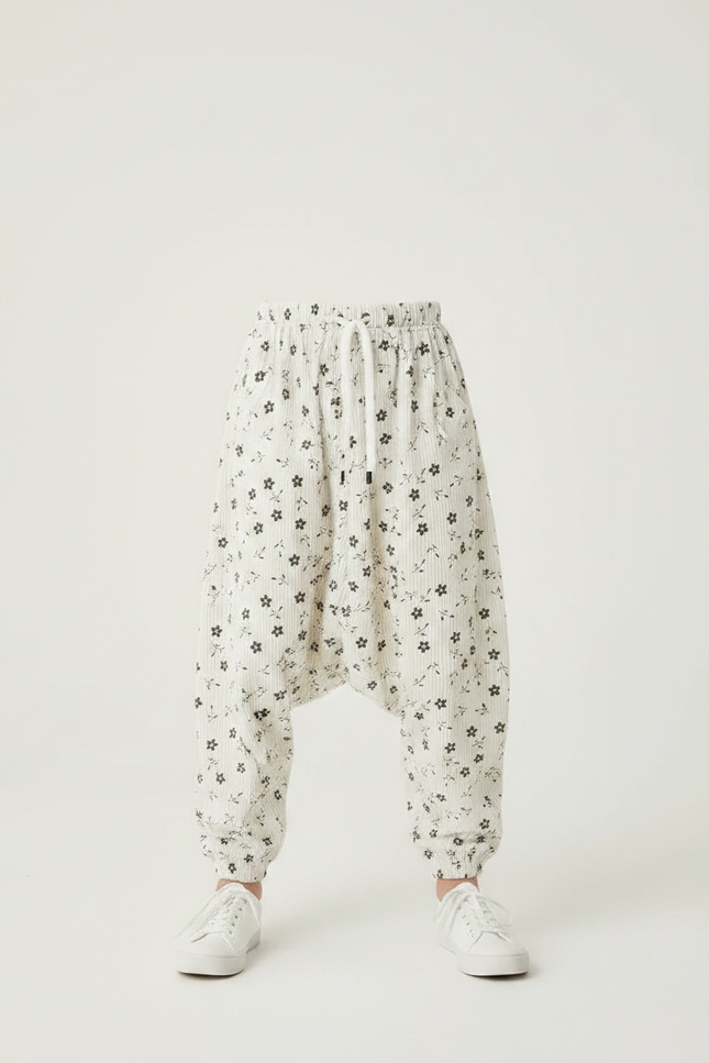 Pantalon Parachute Côtelé Fleuri Ample Enfant Blanc - Cordé - vue 3