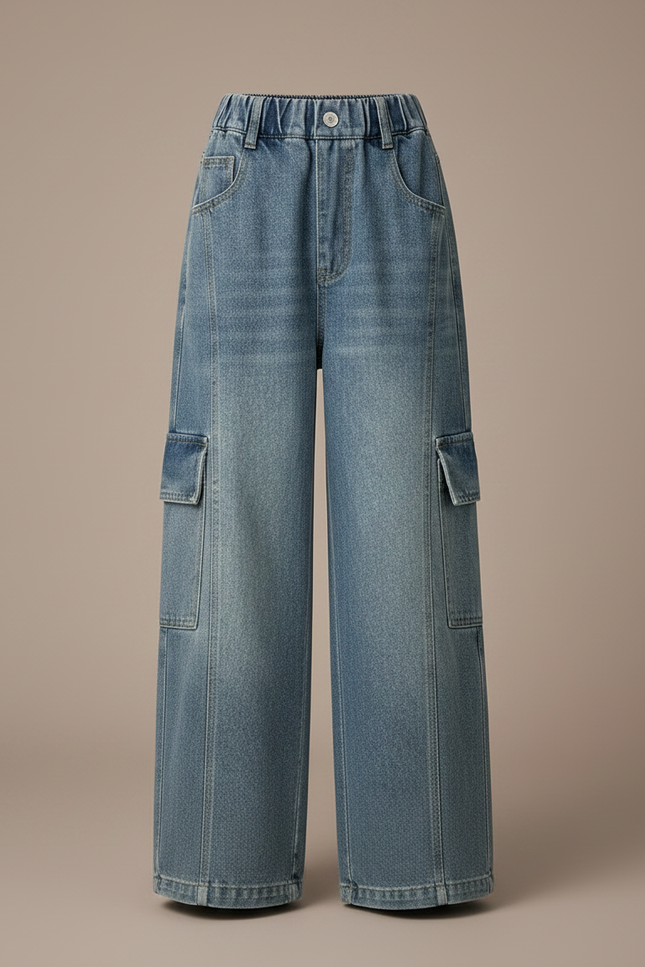 Pantalon Parachute Jean Ample Cargo Fille - Bleu - vue 3