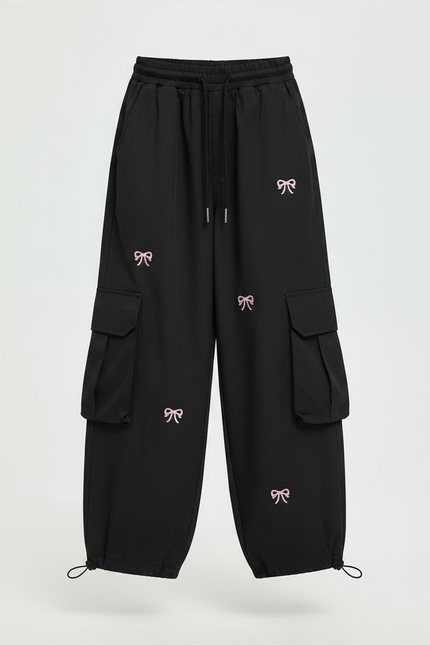 Pantalon Parachute Noir Cargo Ample Fille Nœuds Roses - Polyester - vue 3