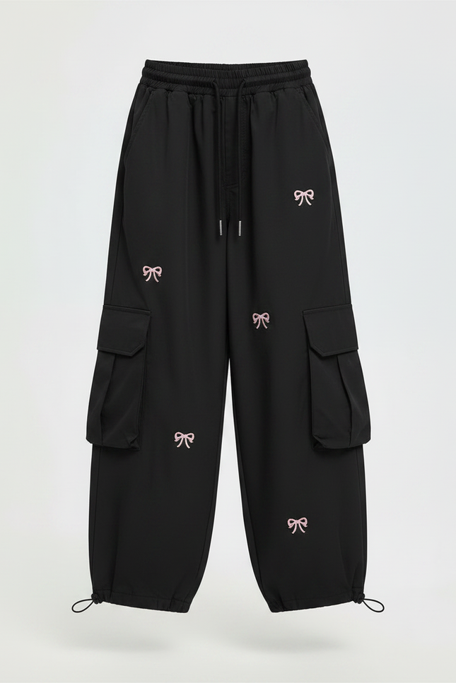 Pantalon Parachute Noir Cargo Ample Fille Nœuds Roses - Polyester - vue 3