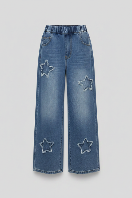Pantalon Parachute Denim Ample Étoiles Fille Printemps - Bleu Jean - vue 3