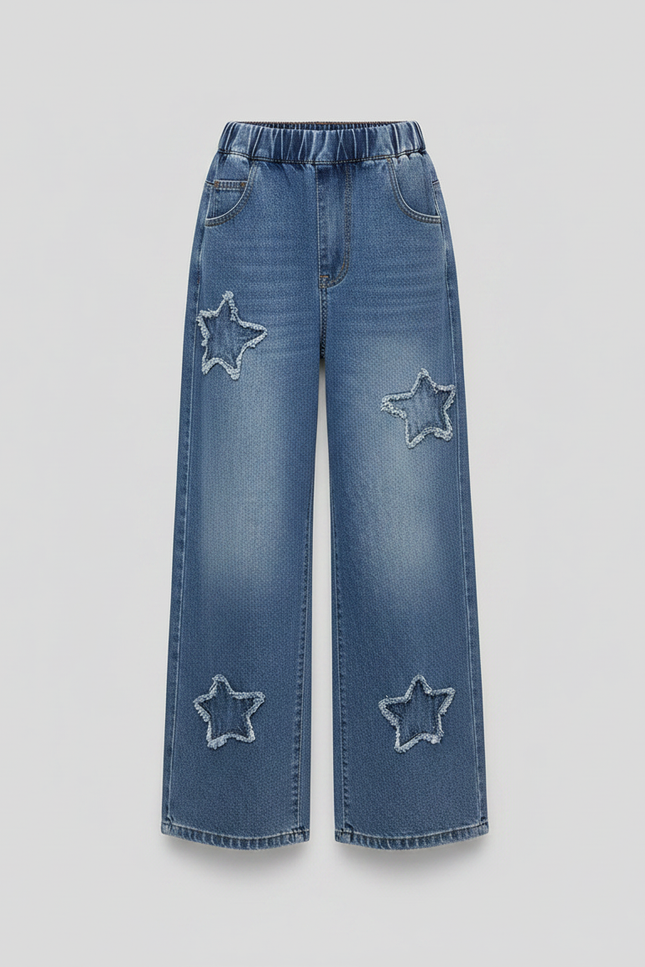 Pantalon Parachute Denim Ample Étoiles Fille Printemps - Bleu Jean - vue 3
