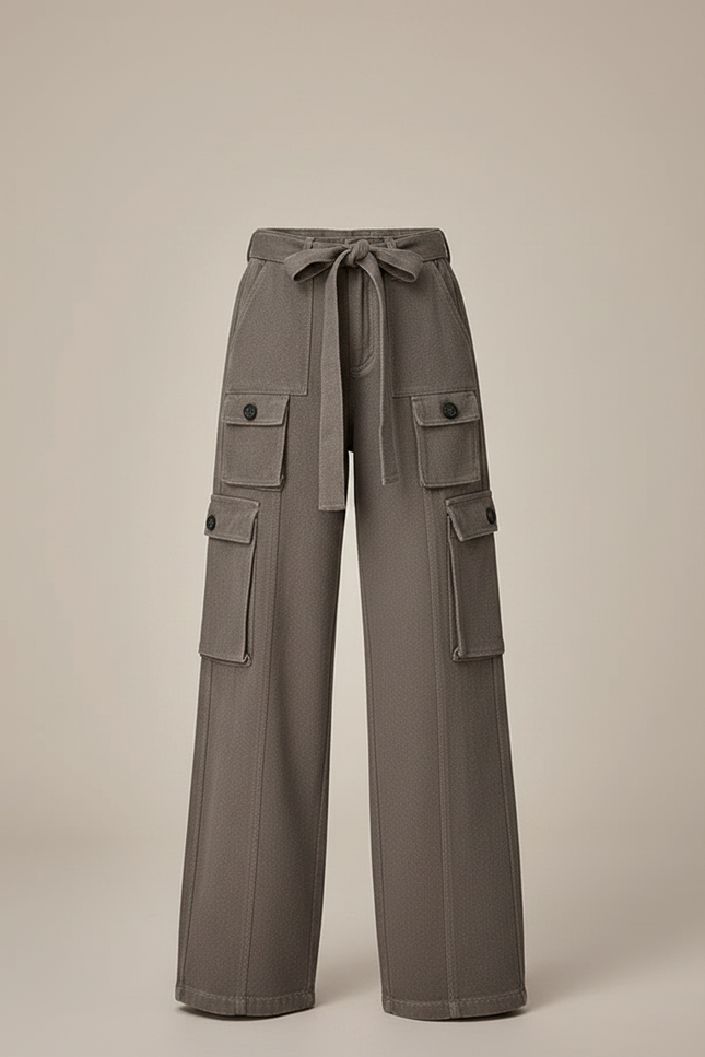 Pantalon Parachute Kaki Cargo Ample Fille Ceinture - Toile - vue 3