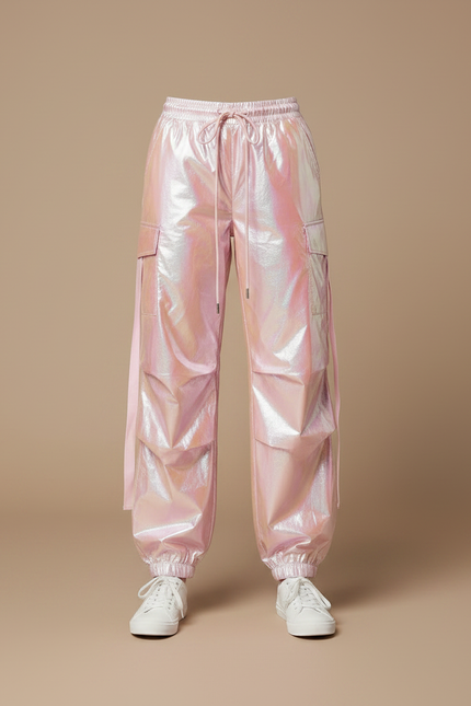 Pantalon Parachute Rose Holographique Cargo Ample Femme - Polyester - vue 3