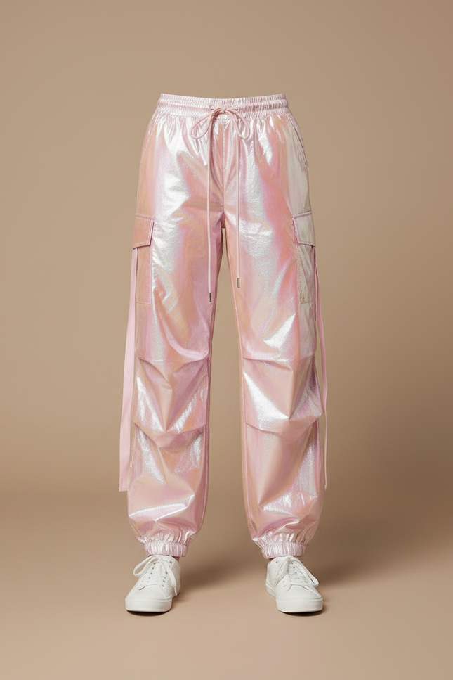 Pantalon Parachute Rose Holographique Cargo Ample Femme - Polyester - vue 3