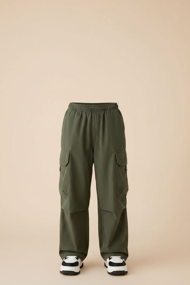 Pantalon Parachute Kaki Ample Cargo Garçon Uni - Polyester - vue 3