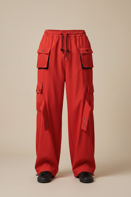 Pantalon Parachute Rouge Ample Cargo Streetwear Homme - Toile - vue 3