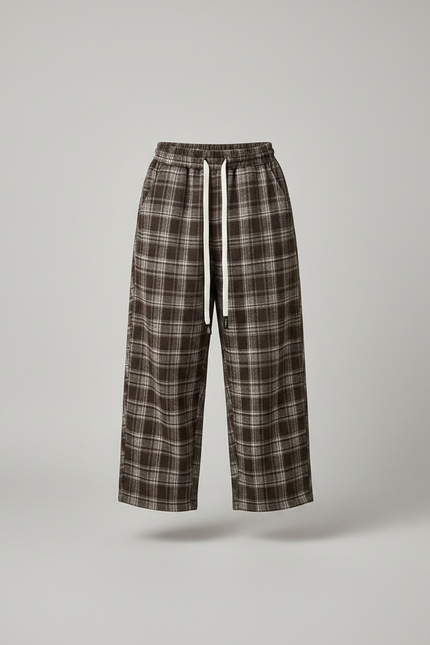 Pantalon Parachute Plaid Marron Ample Cordon Décontracté - Tweed - vue 3