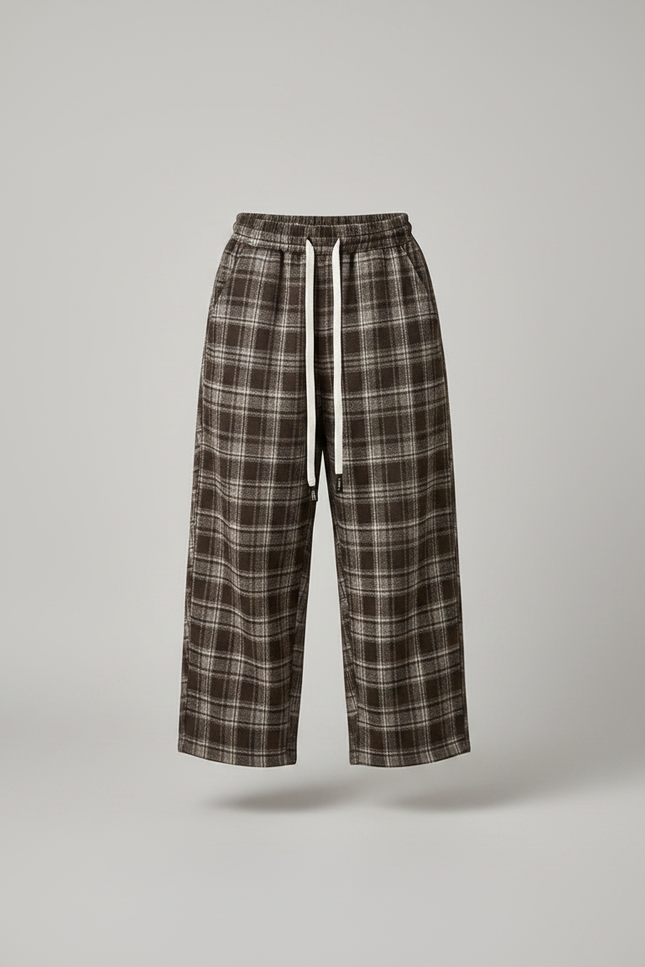 Pantalon Parachute Plaid Marron Ample Cordon Décontracté - Tweed - vue 3