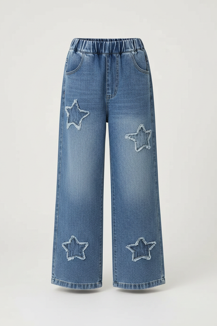 Pantalon Parachute Denim Ample Étoiles Fille Décontracté - Bleu Jean - vue 3