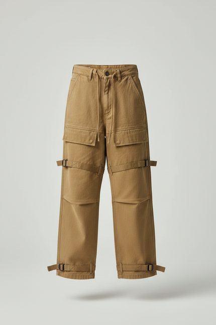 Pantalon Parachute Marron Cargo Ample Fille - Kaki Toile - vue 3