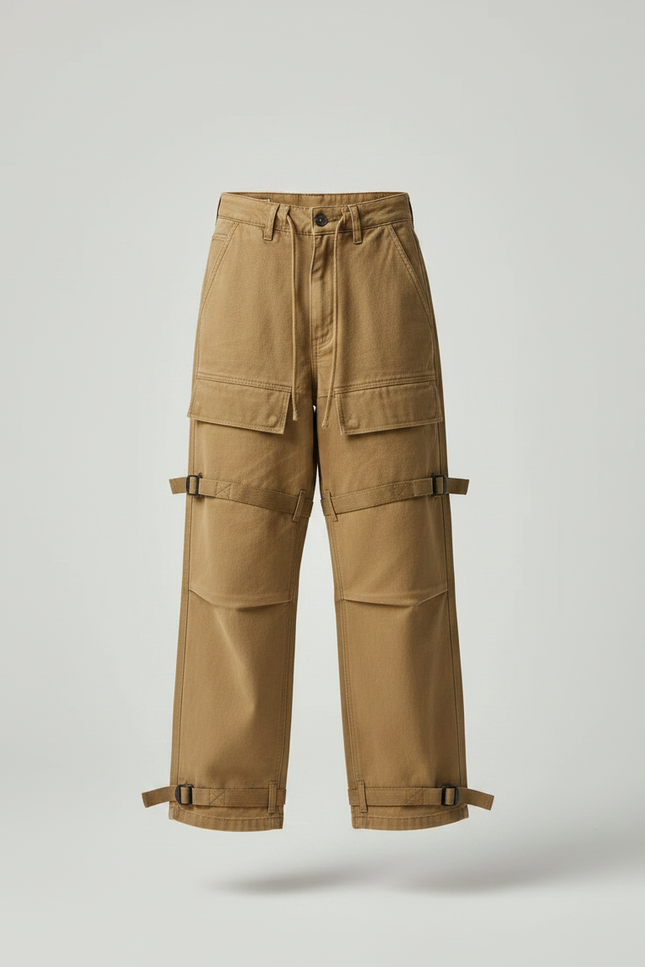 Pantalon Parachute Marron Cargo Ample Fille - Kaki Toile - vue 3
