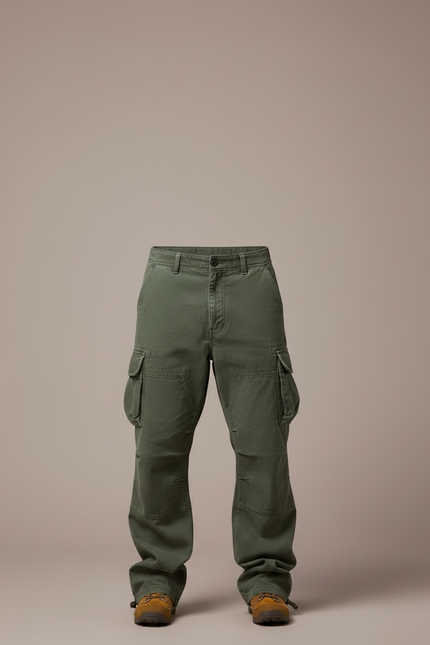Pantalon Parachute Vert Cargo Ample Militaire Homme - Kaki Toile - vue 3