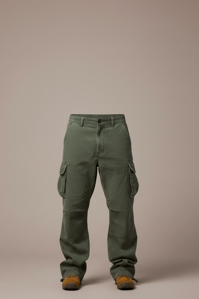 Pantalon Parachute Vert Cargo Ample Militaire Homme - Kaki Toile - vue 3