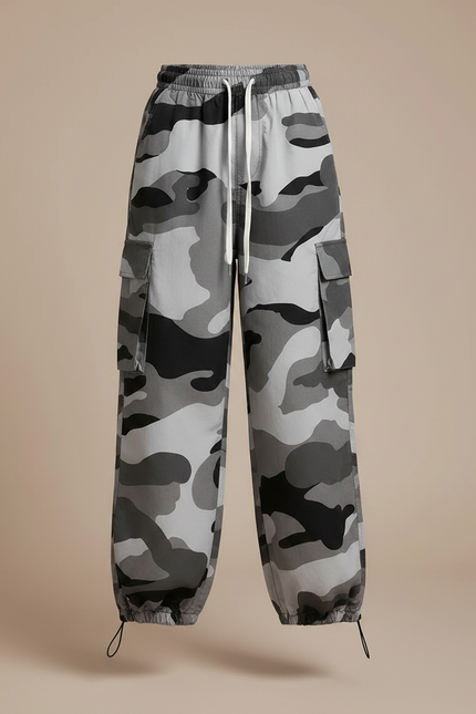 Pantalon Parachute Camouflage Gris Cargo Ample Femme Y2K - Polyester - vue 3
