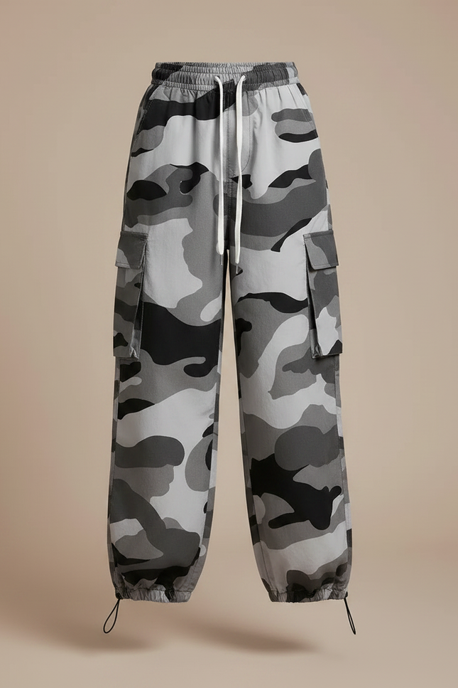 Pantalon Parachute Camouflage Gris Cargo Ample Femme Y2K - Polyester - vue 3