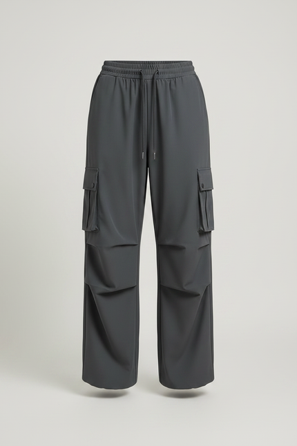 Pantalon Parachute Gris Femme Cargo Ample Décontracté - Polyester - vue 3