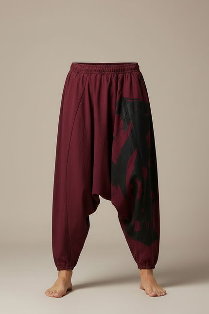 Pantalon Parachute Bordeaux Ample Coton Imprimé Ethnique - vue 3