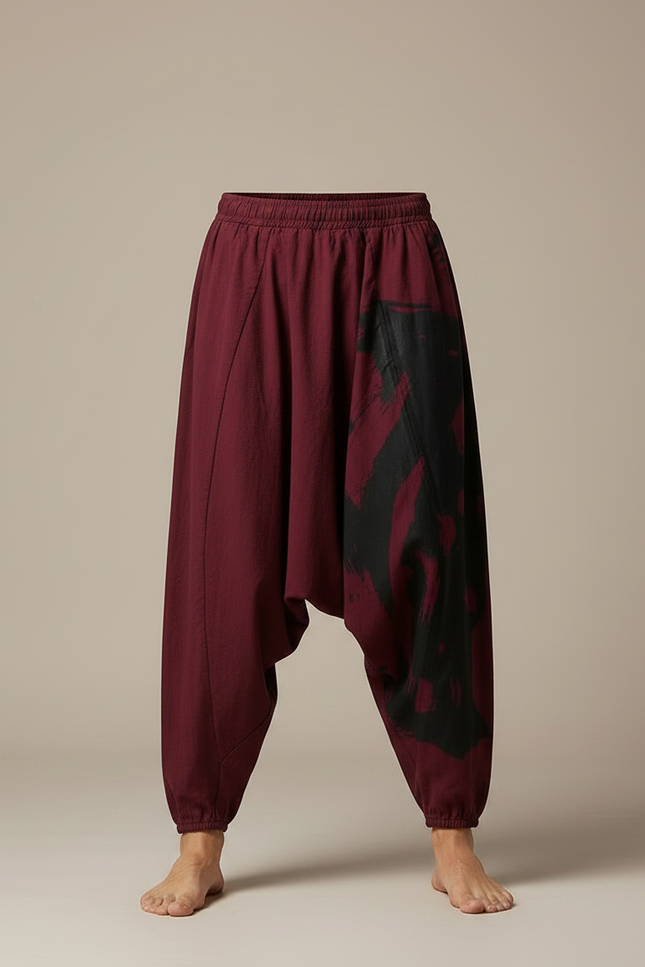 Pantalon Parachute Bordeaux Ample Coton Imprimé Ethnique - vue 3