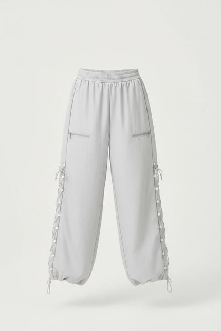 Pantalon Parachute Gris Ample Lacets Streetwear Décontracté - Polyester - vue 3